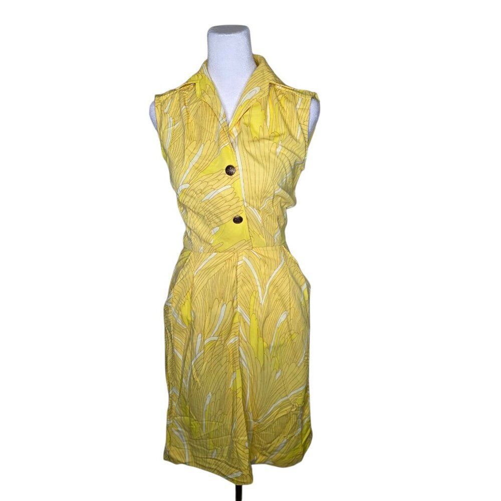 Vintage 1970s Sleeveless Tropical Shirt Dress Womens Size S Yellow Spread Collar
